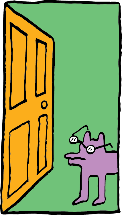 Illustration of an open orange door with Ed The Dog peeking around it