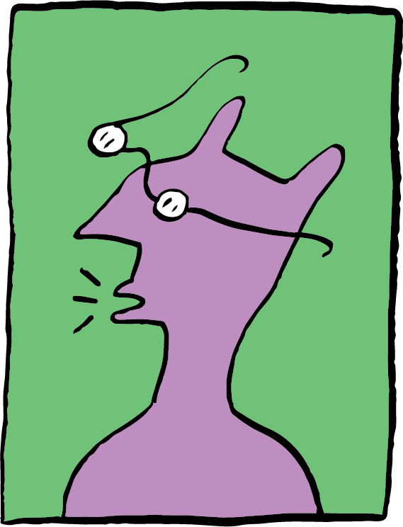 Illustrated purple profile portrait of Ed The Dog wearing glasses
